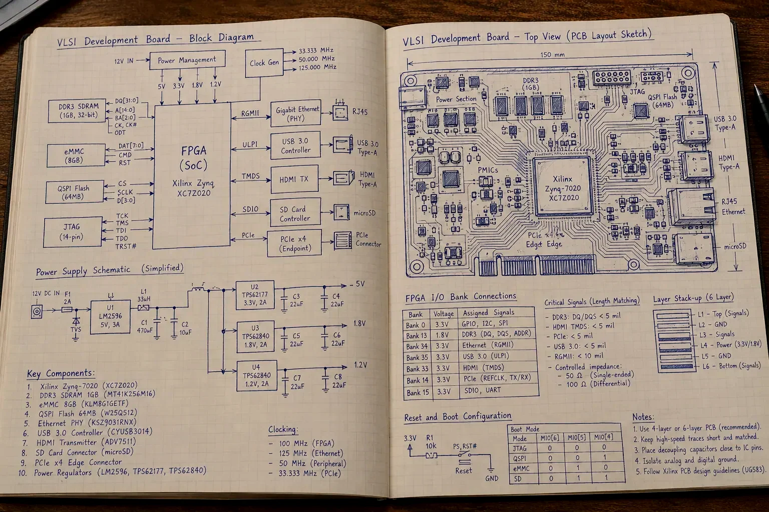 A development board layout worked out by hand in an engineering notebook
